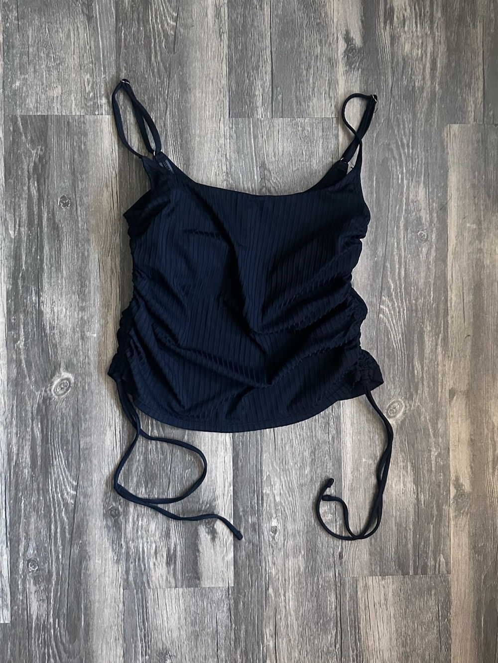 Time and Tru Black Ribbed Side-Ruched Tankini Top Size Medium Swimwear